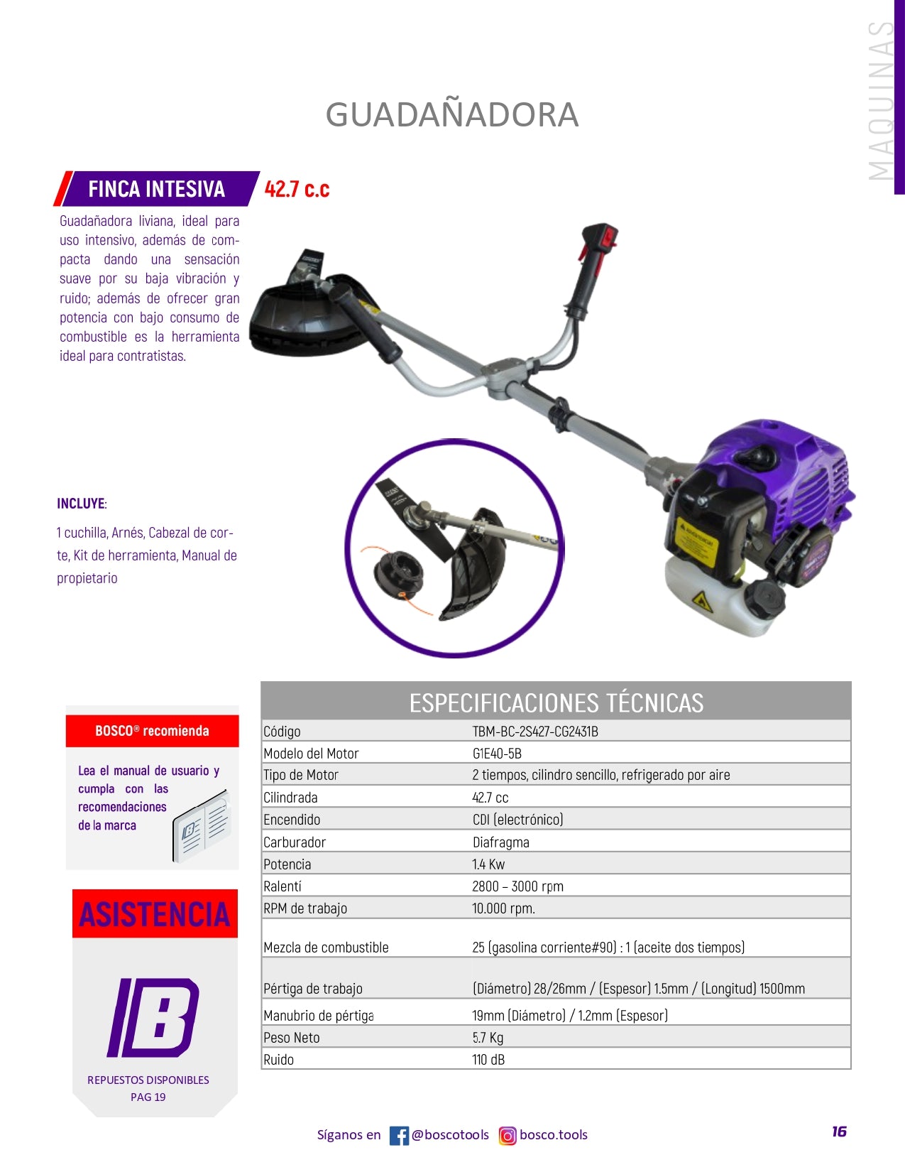 Guadaña a Gasolina 2T 42.7 cc Bosco: ¡Potencia, Ligereza y Bajo Consumo para Uso Intensivo!