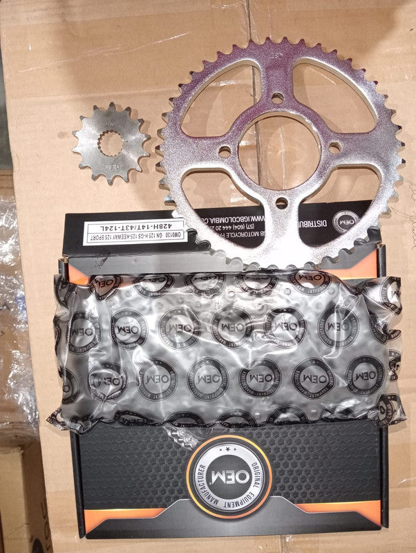 Kit de Arrastre 14x43 4 Huecos (Cadena 428H-124) para Motocicleta Suzuki GN 125 H, GS 125, Keeway 125 Sport - Marca OEM (Calidad Original) (Despacho 4 a 5 días hábiles)