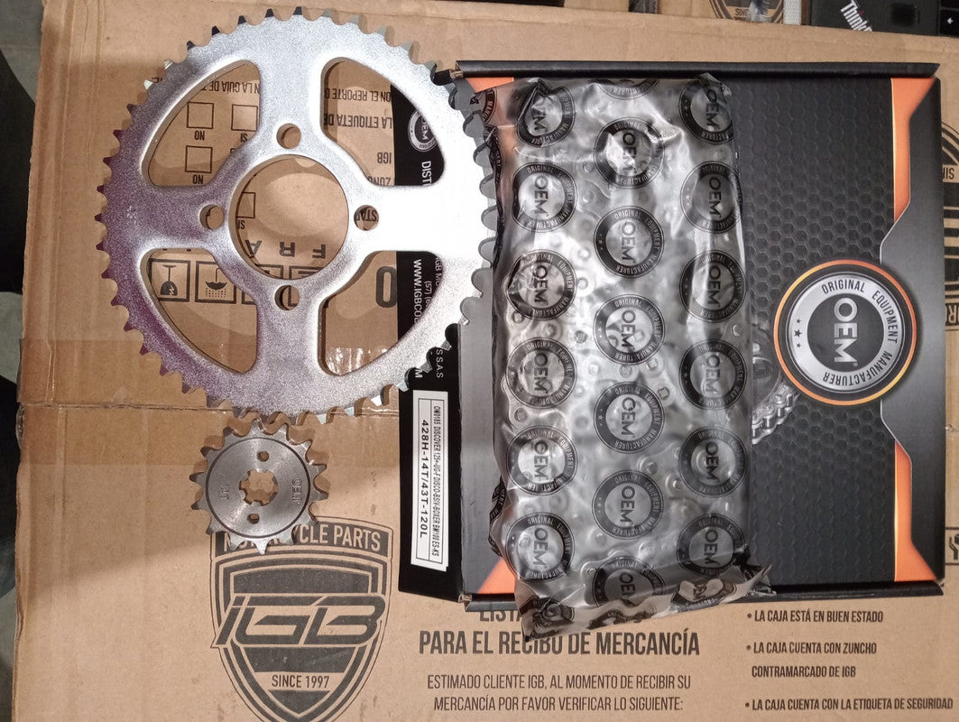 Kit de Arrastre 14x43 4 Huecos (Cadena 428H-120) para Motocicleta Bajaj Discover 125+, UG, Freno Disco, BSIV, Boxer BM 100 ES, KS - Marca OEM (Calidad Original) (Despacho 4 a 5 días hábiles)