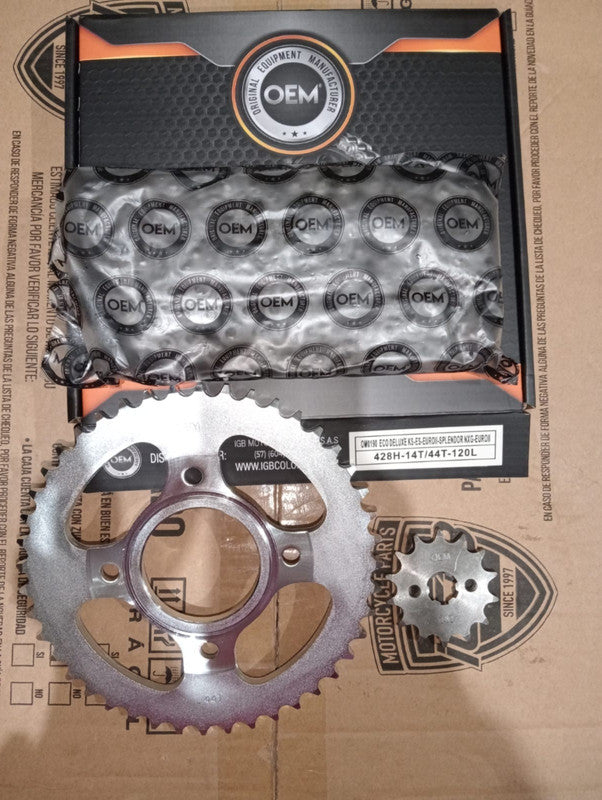 Kit de Arrastre 14x44 4 Huecos (Cadena 428H-120) para Motocicleta Honda Eco Deluxe KS/ES, Euro II, Splendor NXG, Euro II - Marca OEM (Calidad Original) (Despacho 4 a 5 días hábiles)