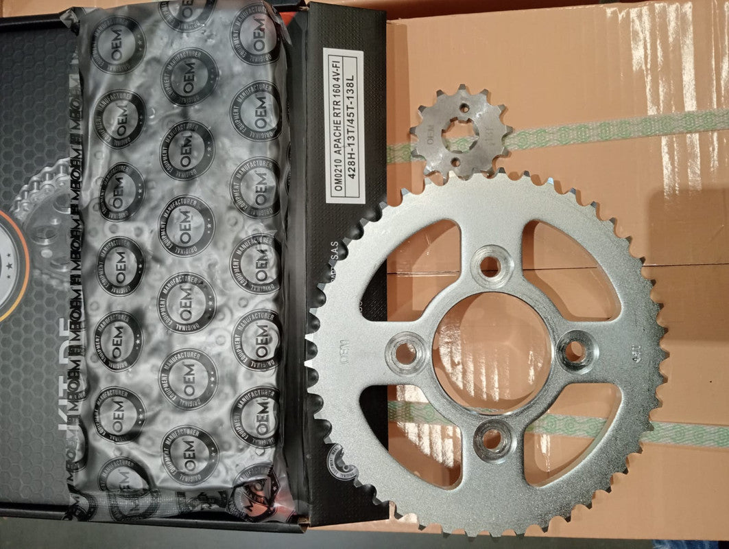 Kit de Arrastre 13x45 4 Huecos (Cadena 428H-138) para Motocicleta TVS Apache RTR 160 4V FI - Marca OEM (Calidad Original) (Despacho 4 a 5 días hábiles)