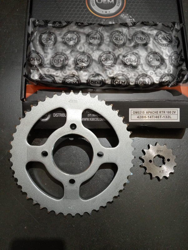 Kit de Arrastre 14x46 4 Huecos (Cóncavo, Cadena 428H-132) para Motocicleta TVS Apache RTR 180 2V - Marca OEM (Calidad Original) (Despacho 4 a 5 días hábiles)