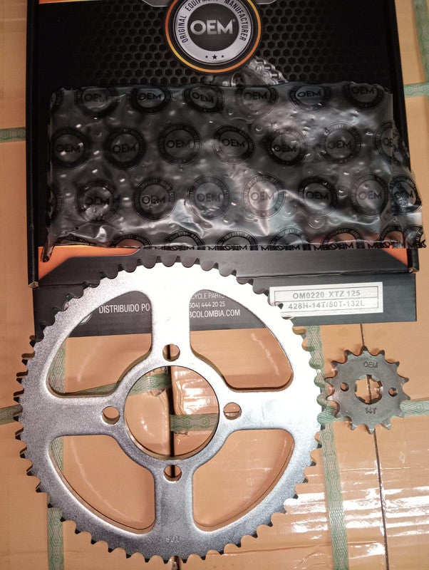 Kit de Arrastre 14x50 4 Huecos (Cadena 428H-132) para Motocicleta Yamaha XTZ 125 - Marca OEM (Calidad Original) (Despacho 4 a 5 días hábiles)