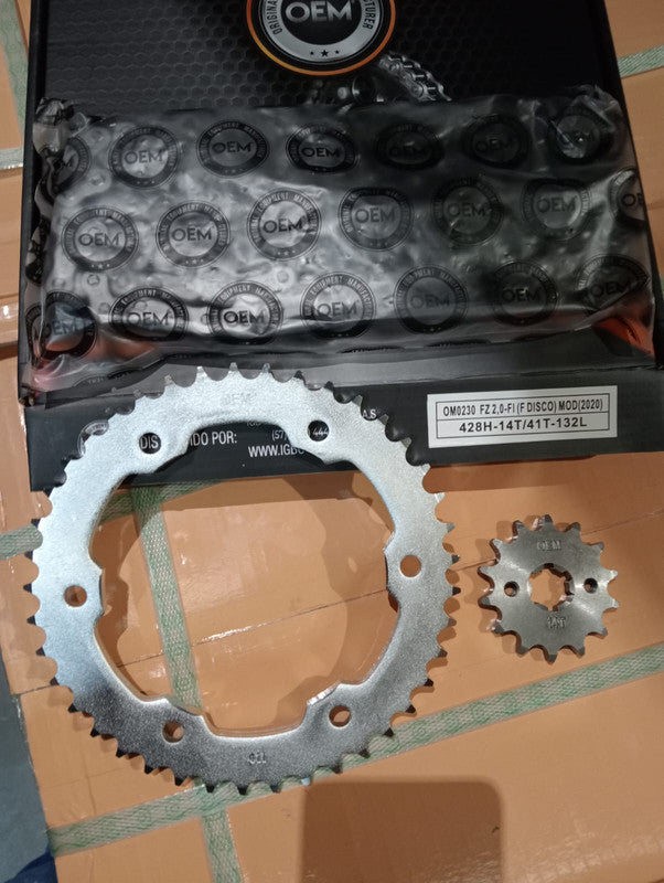 Kit de Arrastre 14x41 6 Huecos (Cadena 428H-132) para Motocicleta Yamaha FZ 2.0 FI (Freno de Disco, Modelo 2020) - Marca OEM (Calidad Original) (Despacho 4 a 5 días hábiles)