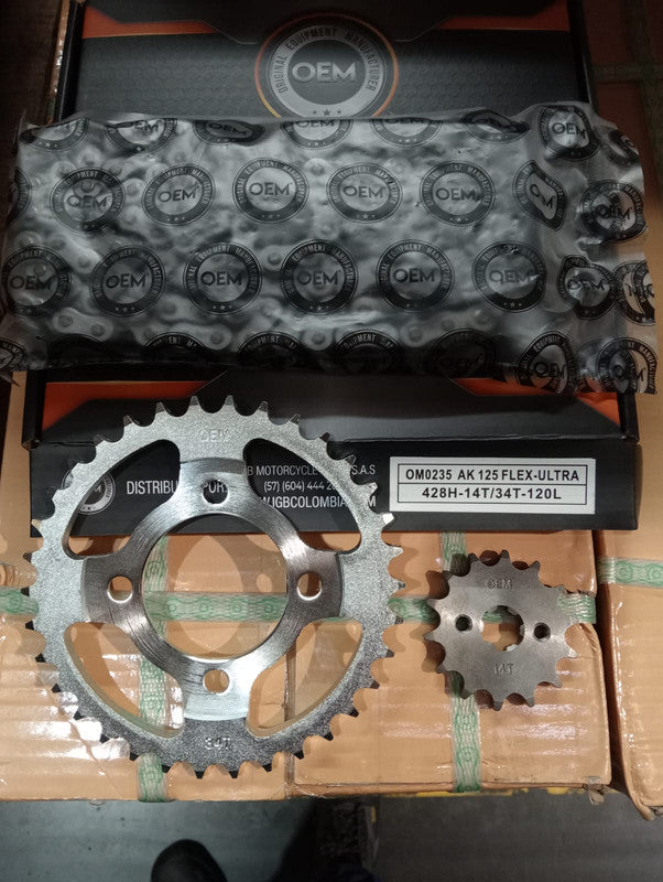 Kit de Arrastre 14x34 6 Huecos (Cadena 428H-120) para Motocicleta AKT 125 Flex, Ultra - Marca OEM (Calidad Original) (Despacho 4 a 5 días hábiles)
