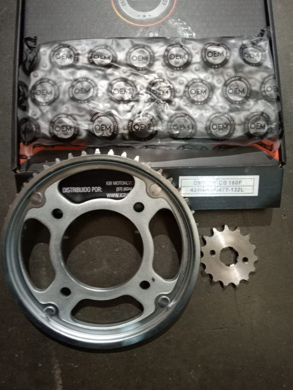 Kit de Arrastre 15x47 4 Huecos (Cadena 428H-132) para Motocicleta Honda CB 160F - Marca OEM (Calidad Original) (Despacho 4 a 5 días hábiles)