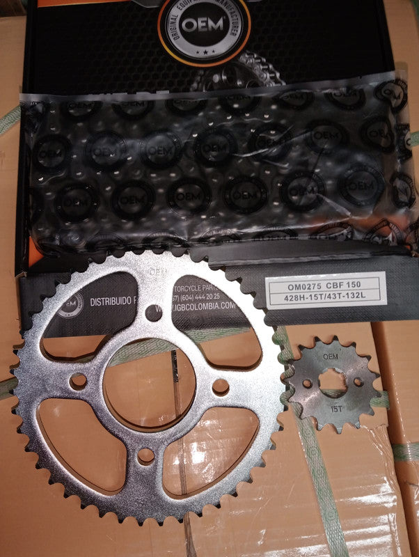 Kit de Arrastre 15x43 4 Huecos (Cadena 428H-132) para Motocicleta Honda CBF 150 - Marca OEM (Calidad Original) (Despacho 4 a 5 días hábiles)