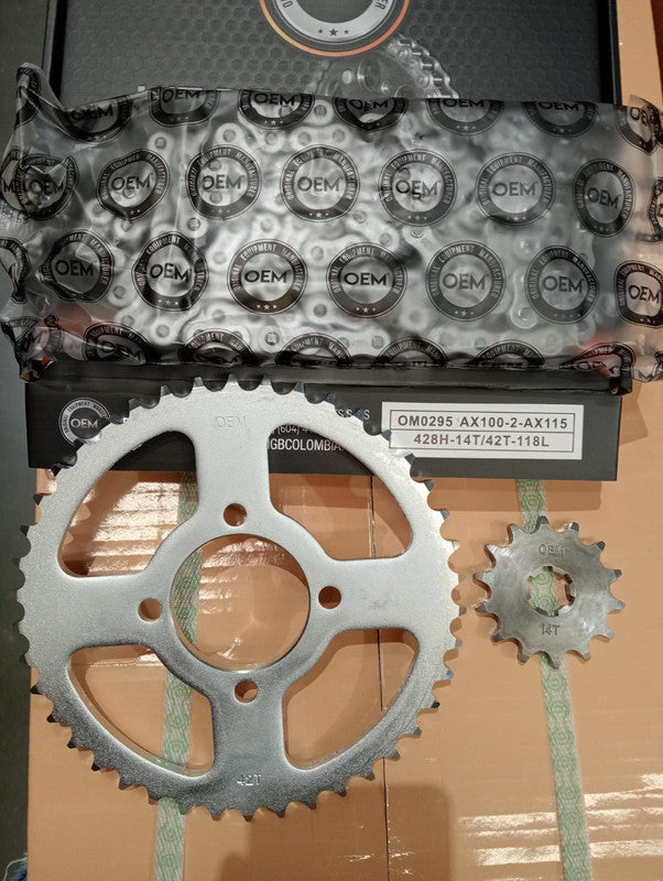Kit de Arrastre 14x42 4 Huecos (Cadena 428H-118) para Motocicleta Suzuki AX100-2, AX115 - Marca OEM (Calidad Original) (Despacho 4 a 5 días hábiles)