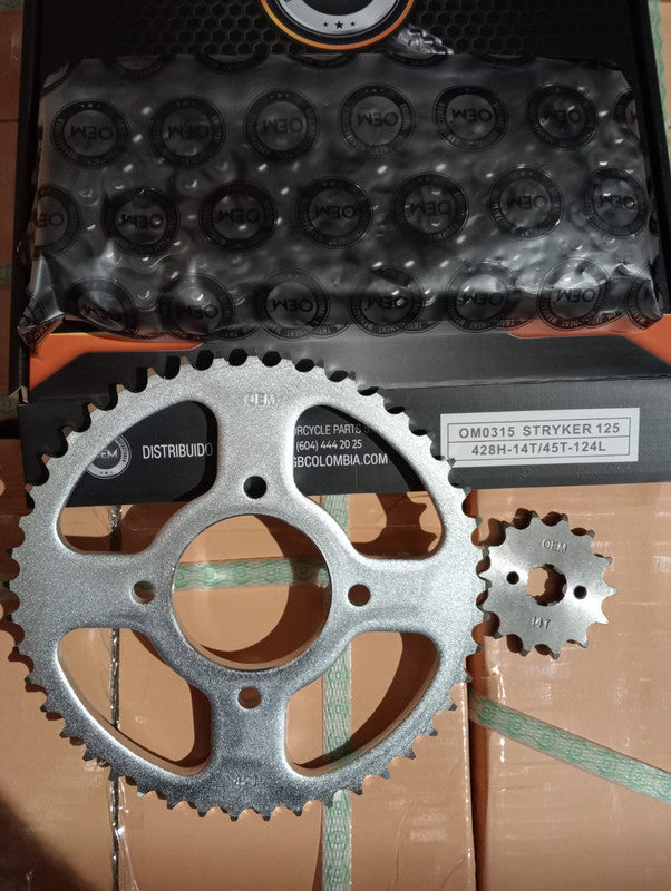 Kit de Arrastre 14x45 4 Huecos (Cadena 428H-124) para Motocicleta Yamaha Stryker 125 - Marca OEM (Calidad Original) (Despacho 4 a 5 días hábiles)