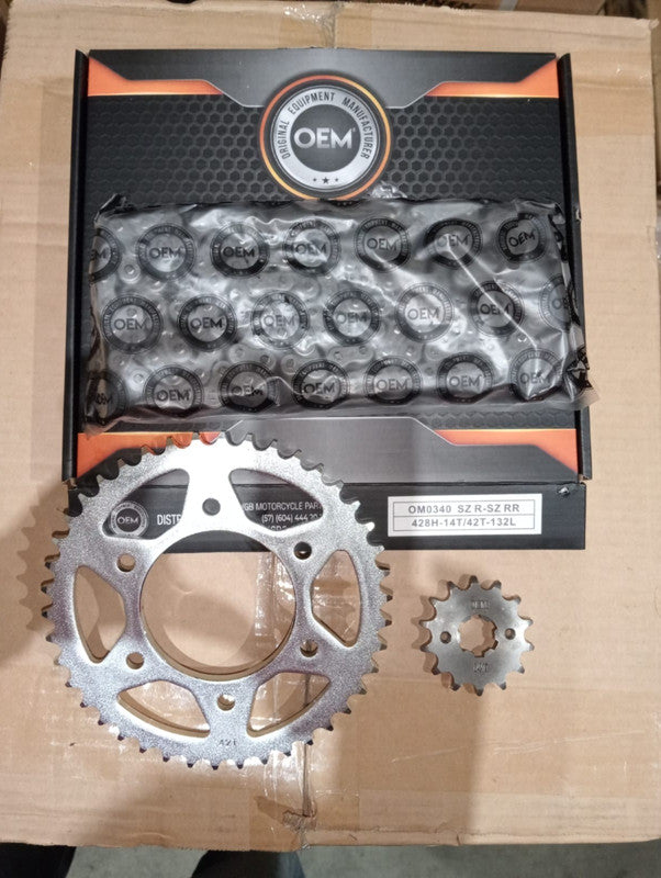 Kit de Arrastre 14x42 6 Huecos (Cadena 428H-132) para Motocicleta Yamaha SZ R, SZ RR - Marca OEM (Calidad Original) (Despacho 4 a 5 días hábiles)