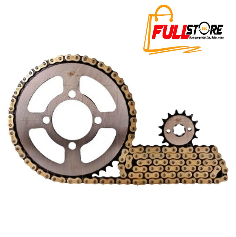 Kit de Arrastre 15x42 4 Huecos (Cadena Dorada 420H-122) para Motocicleta Bajaj Discover 100, Discover 100 M, Discover 110, Platino 125, Platino 110, XCD 125 - Marca Revo Scorpion (Alta Resistencia) (Despacho 4 a 5 días hábiles)