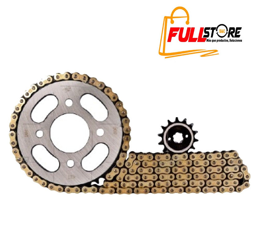 Kit de Arrastre 15x42 (Cadena Dorada 428H-132) para Motocicleta Bajaj Discover 125 ST, Discover 150 ST, Pulsar 135, Pulsar 125 NS - Marca Revo Scorpion (Alta Resistencia) (Despacho 4 a 5 días hábiles)