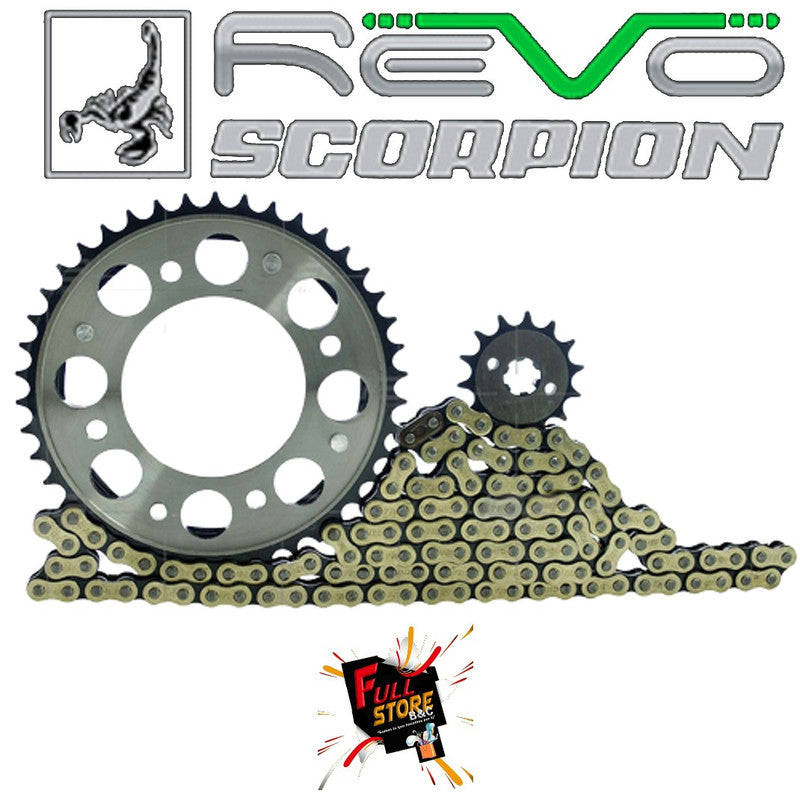 Kit de Arrastre 14x42 4 Huecos (Cadena Dorada 428H-120) para Motocicleta Honda CB 110, CB 110 DLX F Disco - Marca Revo Scorpion (Alta Resistencia) (Despacho 4 a 5 días hábiles)