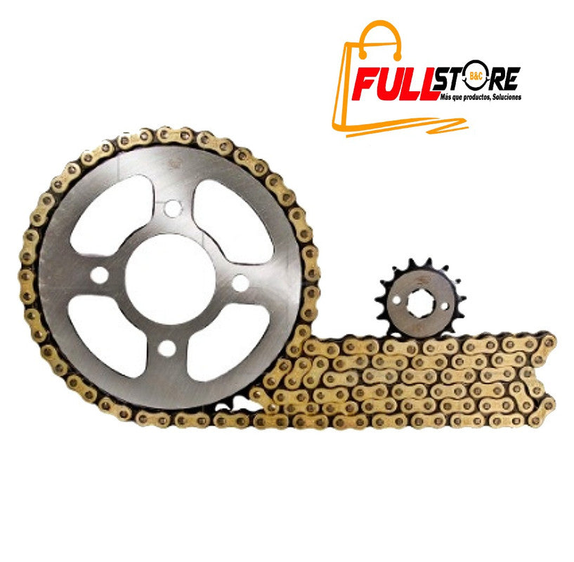 Kit de Arrastre 14x38 4 Huecos (Cadena Dorada 520H-110) para Motocicleta Bajaj Pulsar 180 UG, Pulsar 180 GT, Pulsar 180 BSIV, Pulsar 180 Neon, Pulsar 180 FI, Pulsar 200, Pulsar 220 - Marca Revo Scorpion (Alta Resistencia) (Despacho 4 a 5 días hábiles)