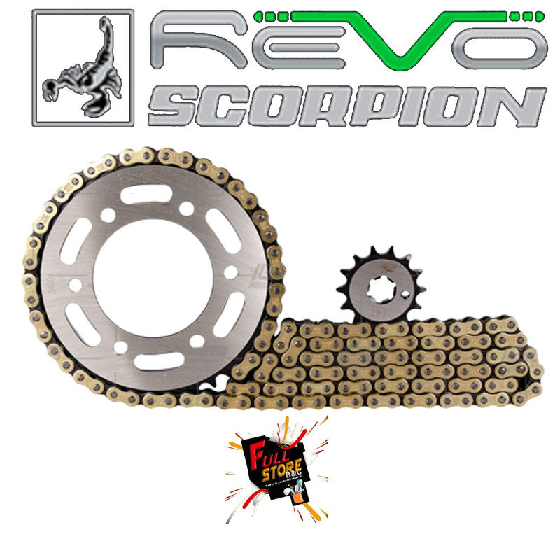 Kit de Arrastre 14x40 6 Huecos (Cadena Dorada 428H-132) para Motocicleta Yamaha FZ 16, FZ 2.0 (Freno de Banda) - Marca Revo Scorpion (Alta Resistencia) (Despacho 4 a 5 días hábiles)