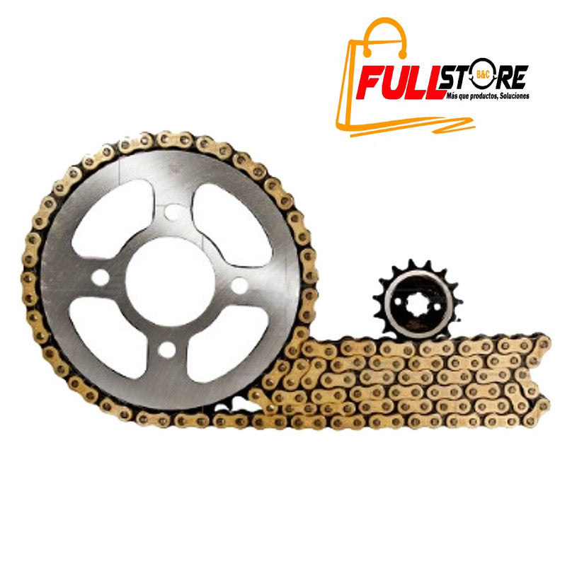 Kit de Arrastre 15x45 4 Huecos (Cadena Dorada 428H-136) para Motocicleta Bajaj Pulsar 150 NS, Pulsar 160 NS, Pulsar 135, Pulsar 125 NS, Discover 125 ST, Discover 150 ST - Marca Revo Scorpion (Alta Resistencia) (Despacho 4 a 5 días hábiles)