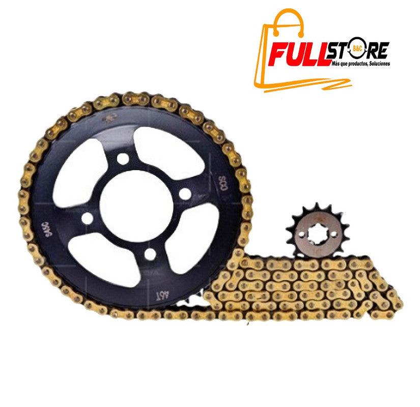 Kit de Arrastre 14x46 Cóncavo (Cadena Dorada 428HO-132) para Motocicleta TVS Apache RTR 180 2V - Marca Revo Scorpion (Alta Resistencia) (Despacho 4 a 5 días hábiles)