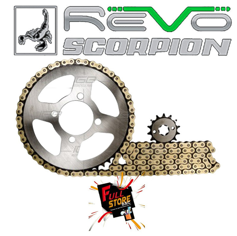 Kit de Arrastre 14x50 4 Huecos (Cadena Dorada 428H-132) para Motocicleta Yamaha XTZ 125 - Marca Revo Scorpion (Alta Resistencia) (Despacho 4 a 5 días hábiles)