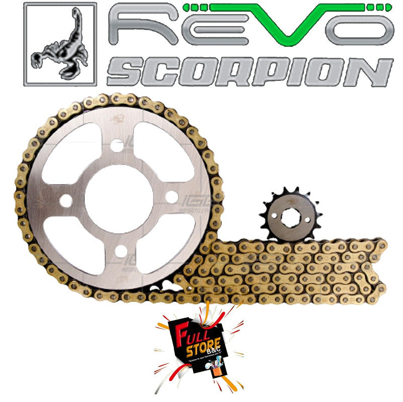 Kit de Arrastre 14x42 4 Huecos (Cadena Dorada 428H-120) para Motocicleta Bajaj Boxer CT100, Boxer CT100 Titanium, Platino 100 - Marca Revo Scorpion (Alta Resistencia) (Despacho 4 a 5 días hábiles)