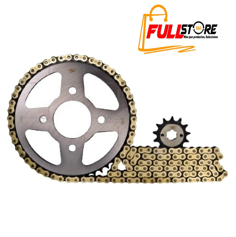 Kit de Arrastre 13x38 4 Huecos (Cadena Dorada 520H-106) para Motocicleta AKT 180 TTR, 200 TTR, DS 200 - Marca Revo Scorpion (Alta Resistencia) (Despacho 4 a 5 días hábiles)