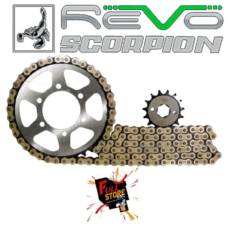 Kit de Arrastre 14x39 6 Huecos (Cadena Dorada 520H-112) para Motocicleta Bajaj Pulsar 200 NS, Pulsar 200 AS, Pulsar 200 RS, Pulsar 200 FI, Pulsar 200 NS BSIV - Marca Revo Scorpion (Alta Resistencia) (Despacho 4 a 5 días hábiles)