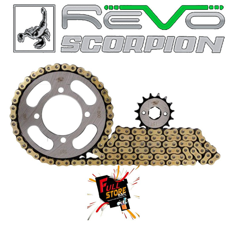 Kit de Arrastre 15x38 (Cadena Dorada 428H-118) para Motos AKT 125 NKD, NKDR, NKD EURO III, 125 SL, 125 SLR, Victory Combat 125, 150 - BOMBER 125 - REVO Scorpion (Alta Resistencia) (Envío de 4 a 5 días hábiles)