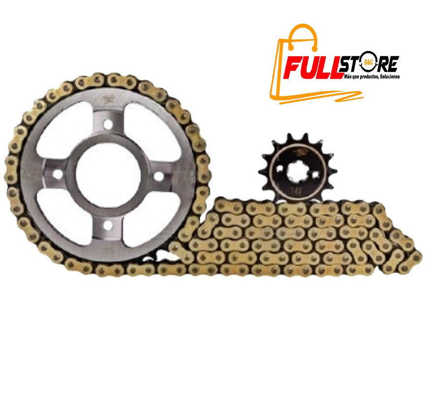 Kit Arrastre 14x42 4H (Cadena Dorada 428H-124) Bajaj Discover 100, Discover 100 Sport, Discover 110, Platino 110 - Revo Scorpion (Alta Resistencia) (Despacho 4 a 5 días hábiles)