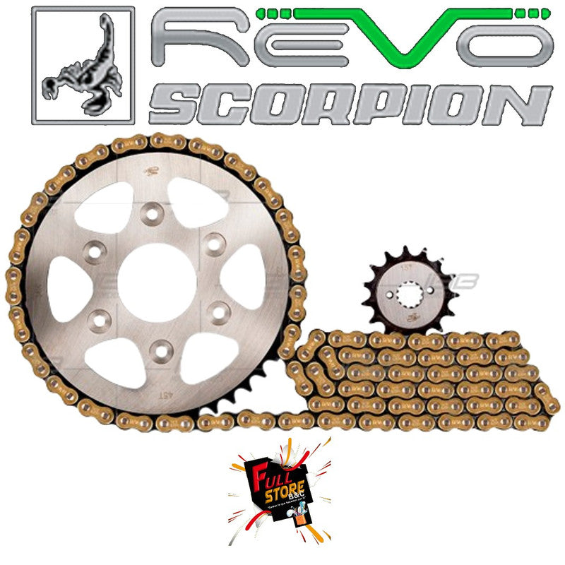 Kit Arrastre 15x45 6H (Cadena Dorada 520H-120) Bajaj Dominar 400, Dominar 400 UG, Dominar 250, KTM Duke 250, Duke 390, Duke NG, Duke ADV - Revo Scorpion (Alta Resistencia) (Despacho 4 a 5 días hábiles)
