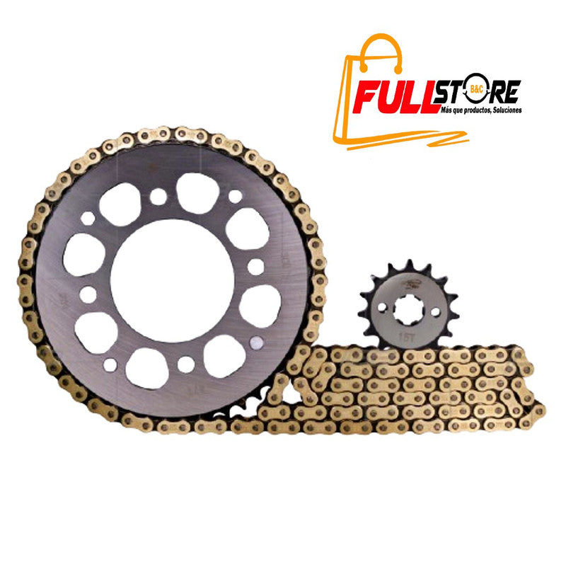 Kit Arrastre 15x47 4H (Cadena Dorada 428H-132) Honda CB 160F - Revo Scorpion (Alta Resistencia) (Despacho 4 a 5 días hábiles)
