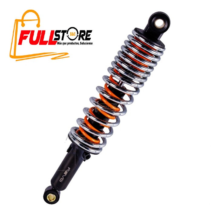 Amortiguador Trasero REVO Tipo Original (Doble Espiral Cromado-Naranja) para Boxer BM 150 (Despacho en 4 a 5 días hábiles)