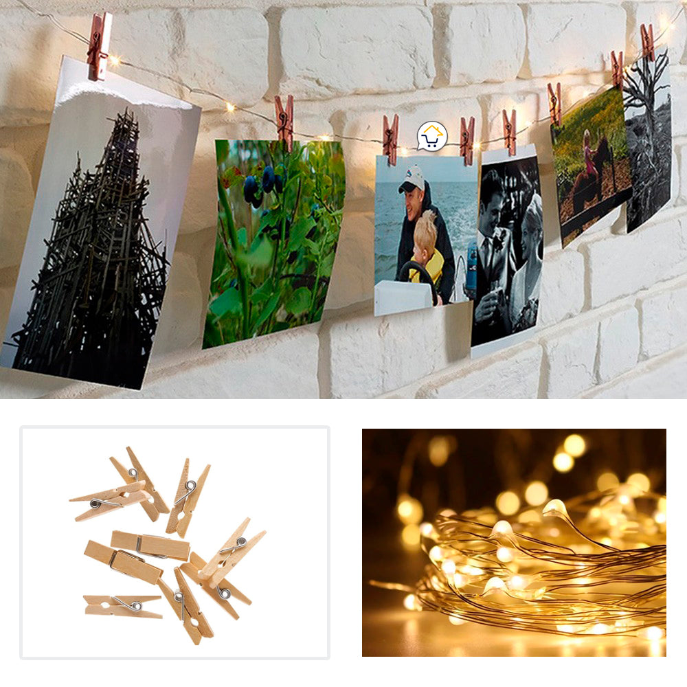Guirnalda de Luces Micro LED de 10 Metros (Luz Cálida): ¡100 Luces y 50 Ganchos de Madera para Colgar Fotos!