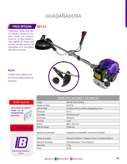 Guadaña a Gasolina 2T 42.7 cc Bosco: ¡Potencia, Ligereza y Bajo Consumo para Uso Intensivo!