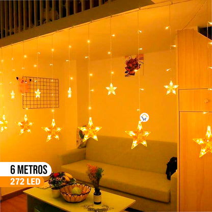 Cascada de Luces LED con Estrellas 6 Metros: ¡272 Luces Intercaladas para Decoración Navideña y Eventos!