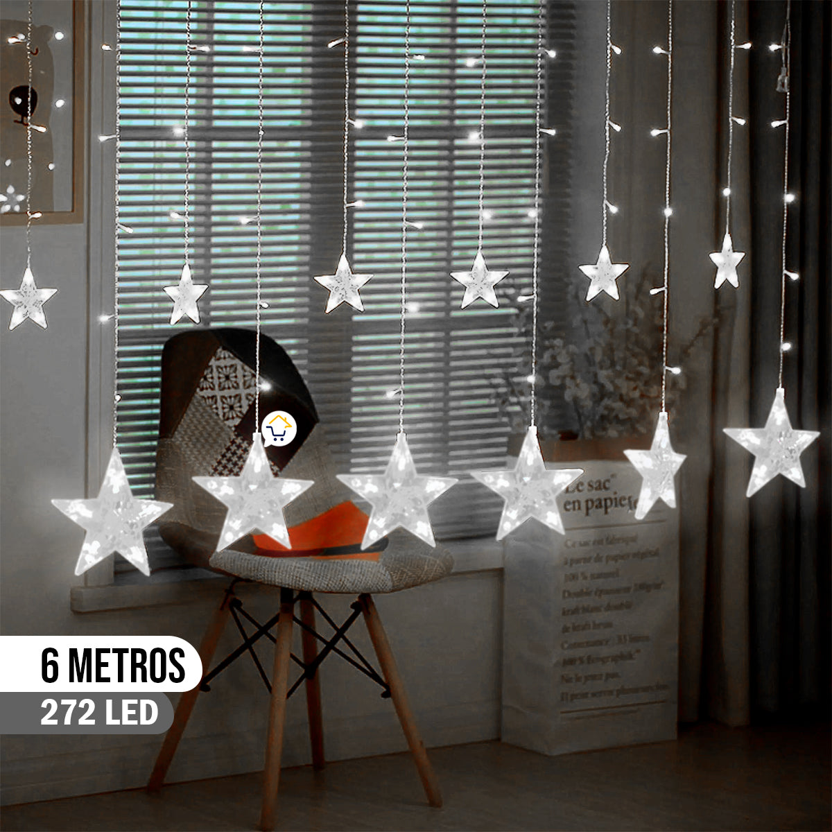 Cascada de Luces LED con Estrellas 6 Metros: ¡272 Luces Intercaladas para Decoración Navideña y Eventos!