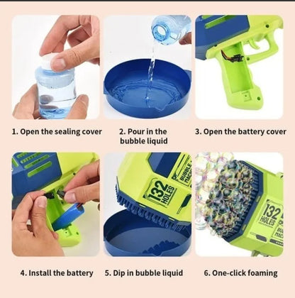 Pistola Lanzadora de Burbujas Automática de 132 Orificios: ¡Potente, Recargable y Cientos de Burbujas por Segundo!
