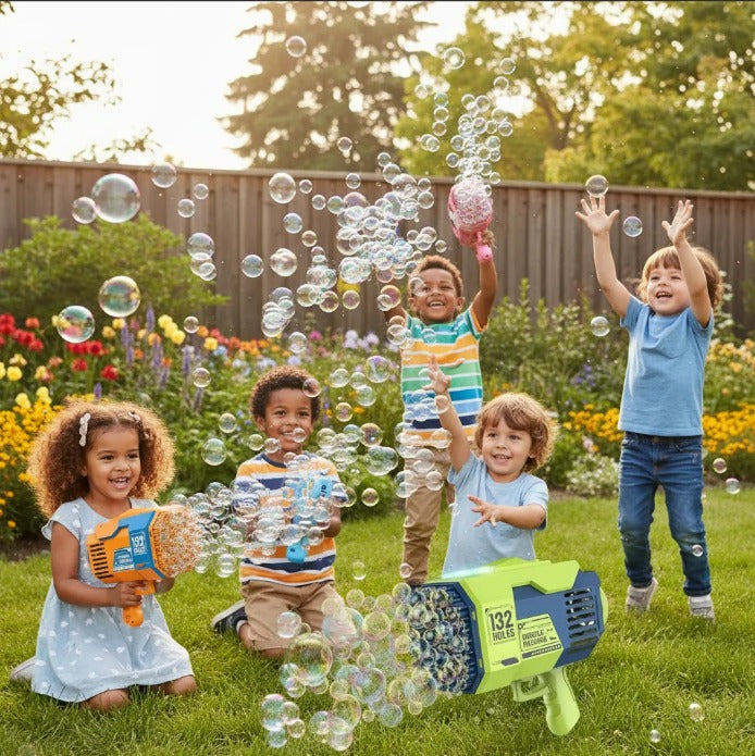 Pistola Lanzadora de Burbujas Automática de 132 Orificios: ¡Potente, Recargable y Cientos de Burbujas por Segundo!