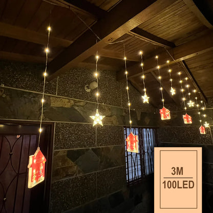 Cascada LED Navideña 3 Metros con Figuras Acrílicas: ¡100 Luces Intercaladas y 8 Modos de Iluminación!