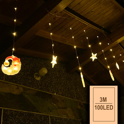Cascada LED Navideña 3 Metros con Figuras Acrílicas: ¡100 Luces Intercaladas y 8 Modos de Iluminación!