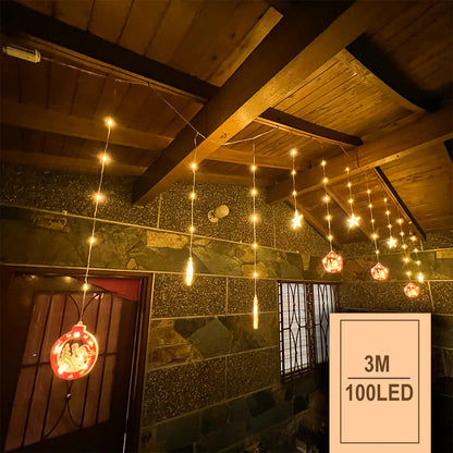 Cascada LED Navideña 3 Metros con Figuras Acrílicas: ¡100 Luces Intercaladas y 8 Modos de Iluminación!