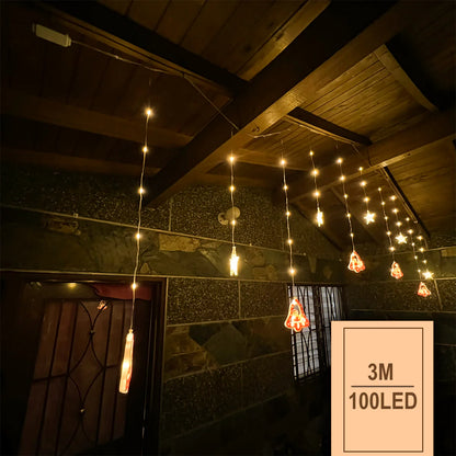 Cascada LED Navideña 3 Metros con Figuras Acrílicas: ¡100 Luces Intercaladas y 8 Modos de Iluminación!