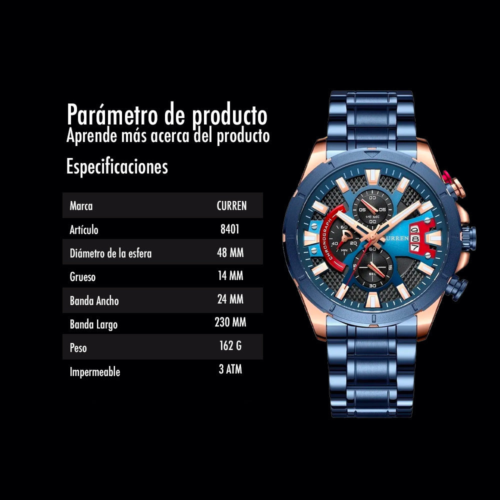 Reloj Curren 8401: Cronógrafo de Alta Gama en Acero con Tarjeta de Garantía