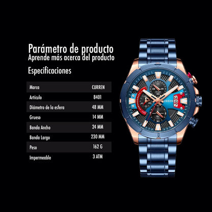 Reloj Curren 8401: Cronógrafo de Alta Gama en Acero con Tarjeta de Garantía