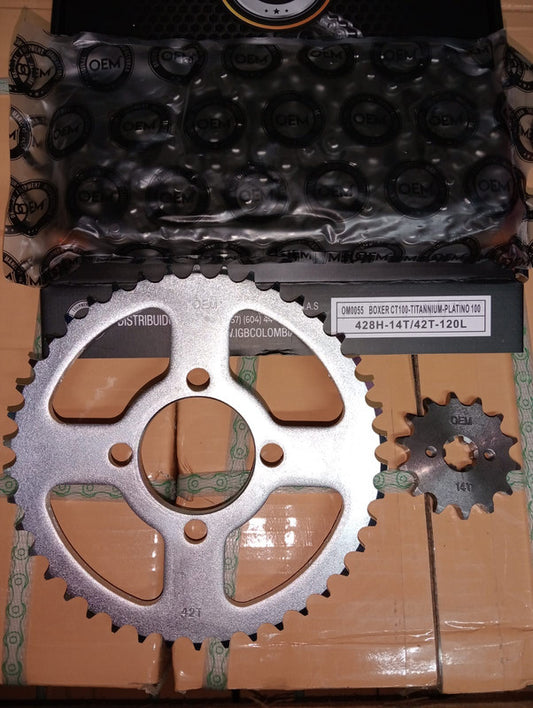 Kit de Arrastre 14x42 4 Huecos (Cadena 428H-120) para Motocicleta Bajaj Boxer CT100, Titannium, Platino 100 - Marca OEM (Calidad Original) (Despacho 4 a 5 días hábiles)