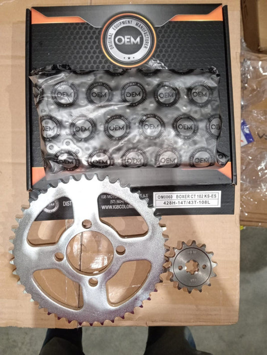 Kit de Arrastre 14x43 4 Huecos (Cadena 428H-108) para Motocicleta Bajaj Boxer CT 102 KS/ES (Modelo 2020) - Marca OEM (Calidad Original) (Despacho 4 a 5 días hábiles)