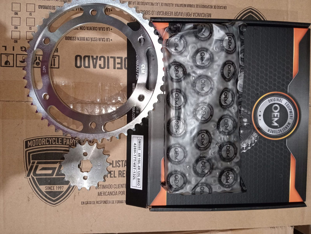 Kit de Arrastre 17x49 6 Huecos (Cadena 428H-132) para Motocicleta Honda XR 150L, XR 125L Brio - Marca OEM (Calidad Original) (Despacho 4 a 5 días hábiles)