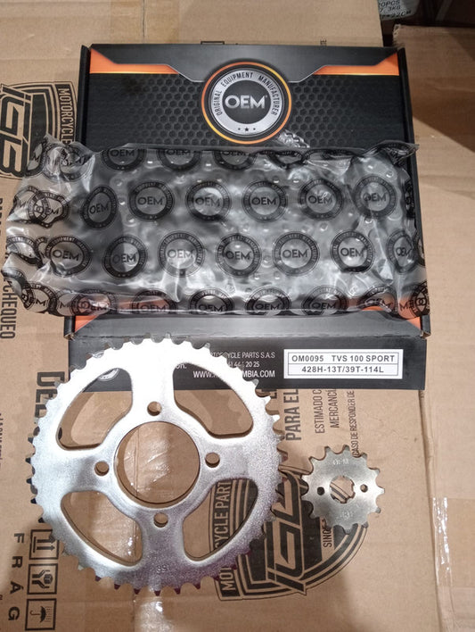Kit de Arrastre 13x39 4 Huecos (Cadena 428H-114) para Motocicleta TVS 100 Sport - Marca OEM (Calidad Original) (Despacho 4 a 5 días hábiles)