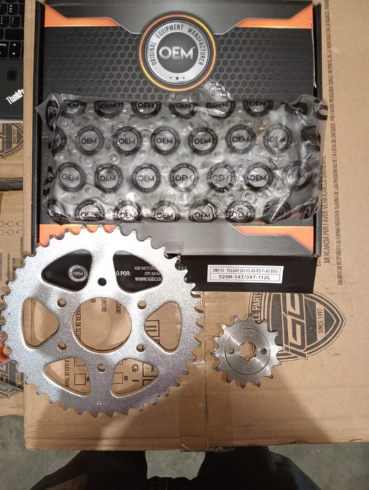 Kit de Arrastre 14x39 6 Huecos (Cadena 520H-112) para Motocicleta Bajaj Pulsar 200 NS, AS, RS, FI, NS BSIV - Marca OEM (Calidad Original) (Despacho 4 a 5 días hábiles)