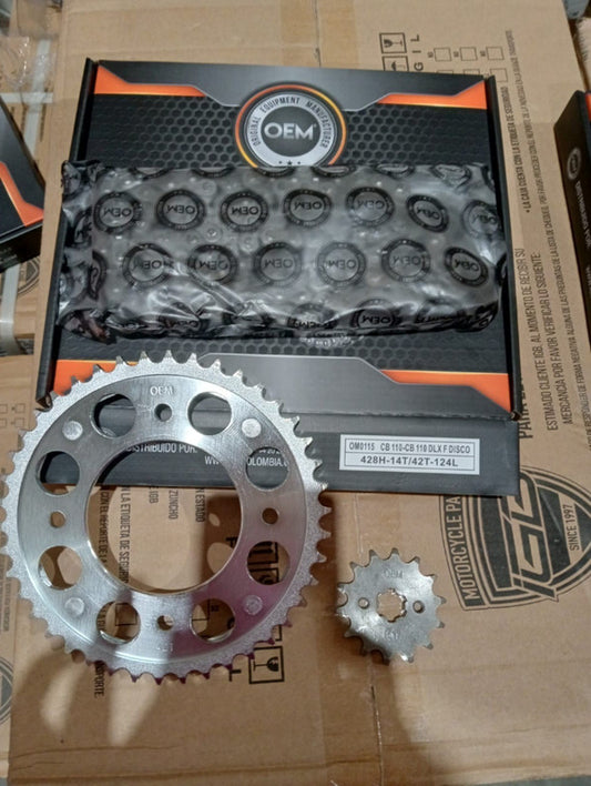 Kit de Arrastre 14x42 4 Huecos (Cadena 428H-124) para Motocicleta Honda CB 110, CB 110 DLX con Freno de Disco - Marca OEM (Calidad Original) (Despacho 4 a 5 días hábiles)