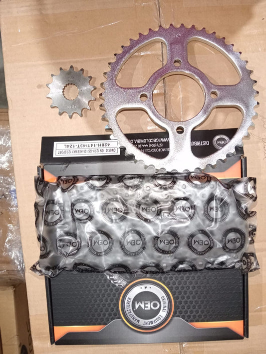 Kit de Arrastre 14x43 4 Huecos (Cadena 428H-124) para Motocicleta Suzuki GN 125 H, GS 125, Keeway 125 Sport - Marca OEM (Calidad Original) (Despacho 4 a 5 días hábiles)