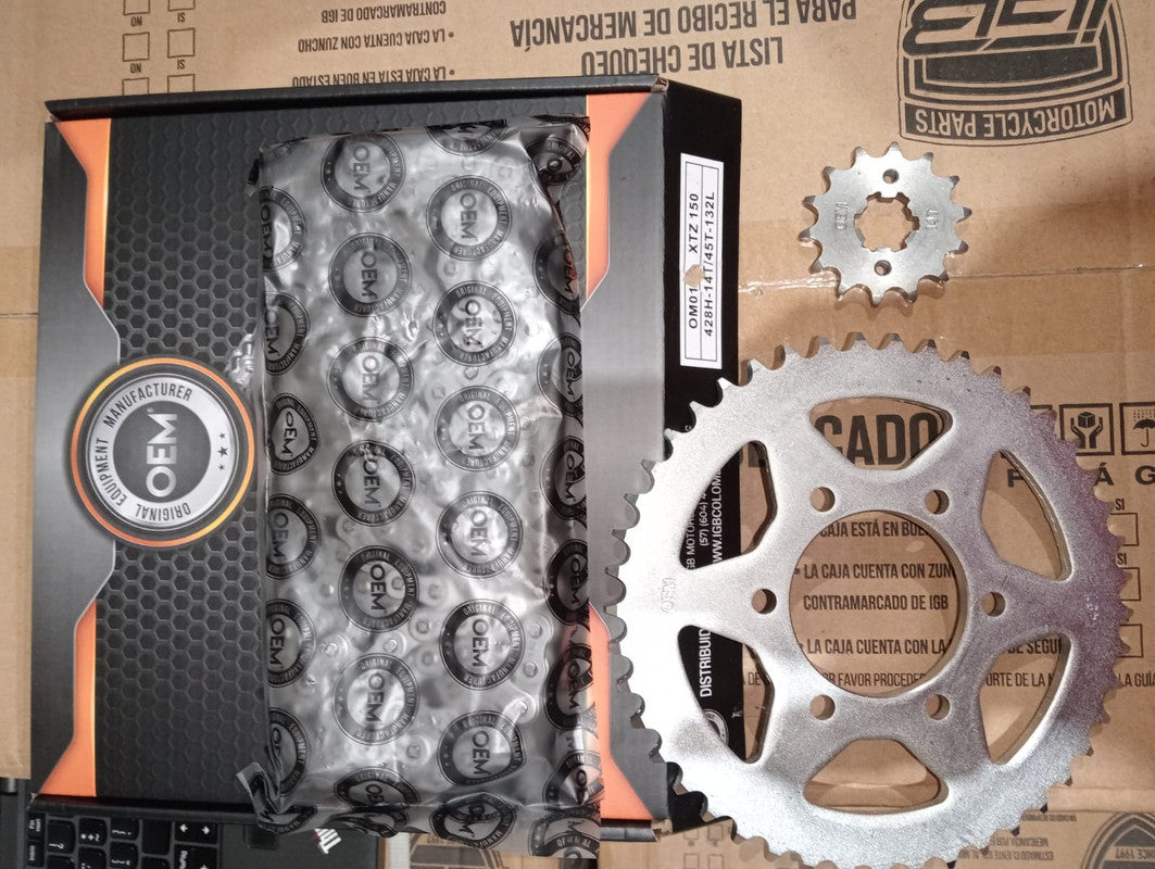 Kit de Arrastre 14x45 6 Huecos (Cadena 428H-132) para Motocicleta Yamaha XTZ 150 - Marca OEM (Calidad Original) (Despacho 4 a 5 días hábiles)